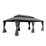 A NatureScape Living Galvanized Hardtop Gazebo featuring a tiered dark grey roof and tied-back grey privacy curtains.