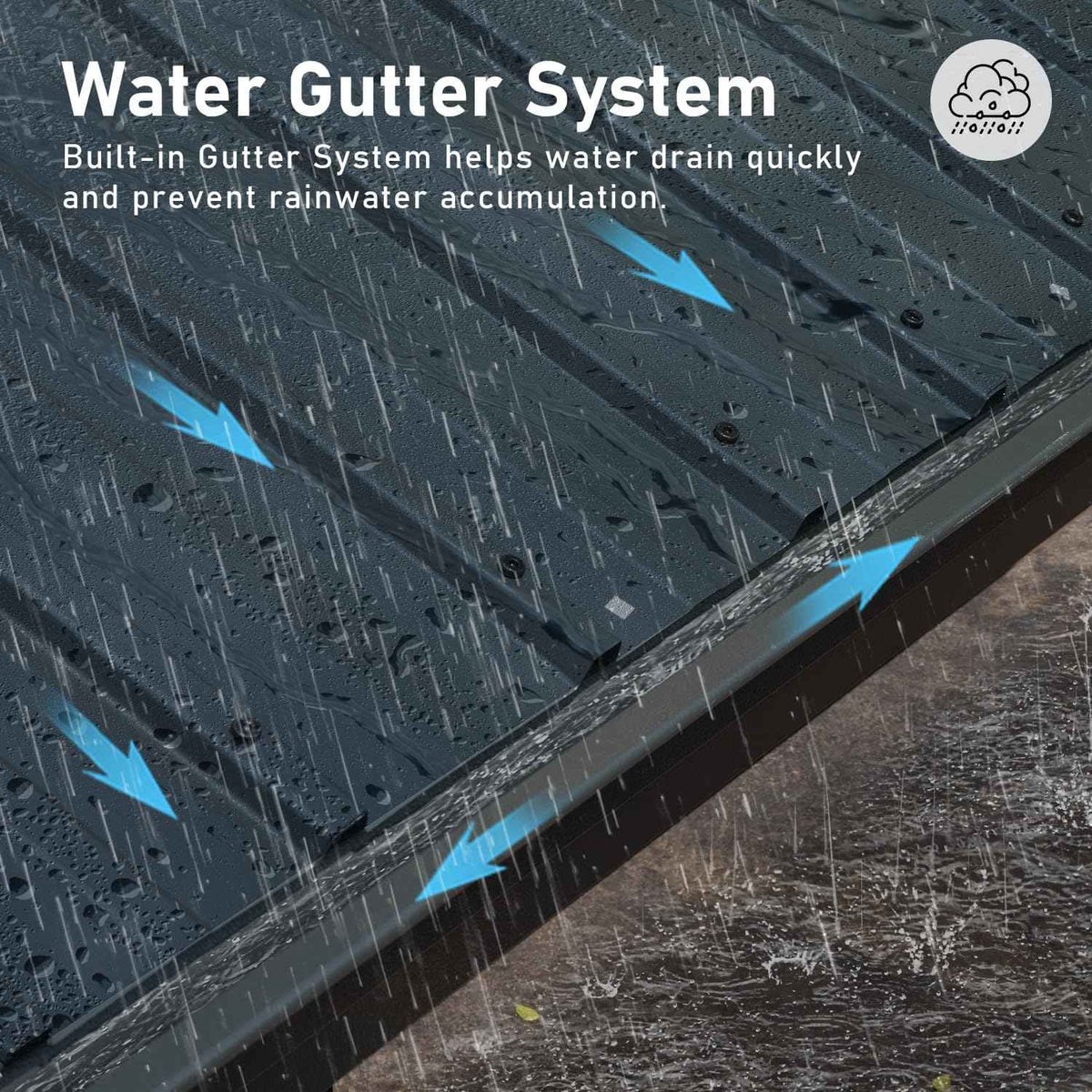 Rain streams down the dark gray hardtop roof of a NatureScape Living gazebo into its integrated water gutter system.