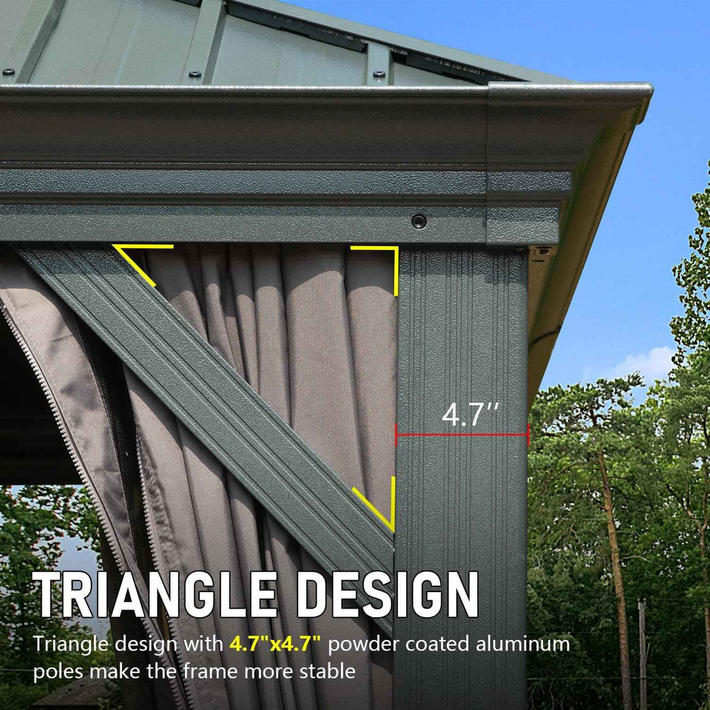 NatureScape Living Galvanized Hardtop Gazebo's dark grey 4.7" aluminum pole and triangle design for enhanced stability.