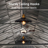 Interior of the Galvanized Hardtop Gazebo with sturdy ceiling hooks, 25 Lbs maximum capacity, a ceiling fan, and hanging lights.