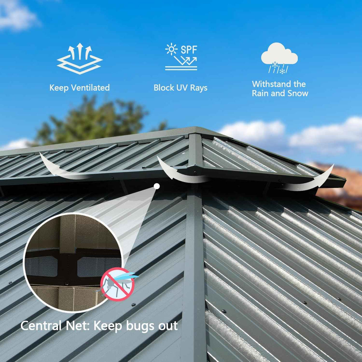 NatureScape Living's Galvanized Hardtop Gazebo roof boasts ventilation, UV blocking, rain/snow resistance, and a central bug net.