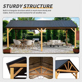 NatureScape Living Galvanized Steel Hardtop Gazebo with a dark gray roof, sturdy wooden frame, and triangular supports on a patio.