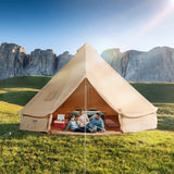 NatureScape Living's spacious 12-person glamping bell tent, a tan yurt, shelters a family in a beautiful mountain setting.