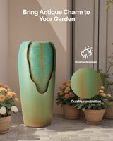 Glazed Jar Fountain - Outdoor 1-Tier Water Feature, 30.71 In Green