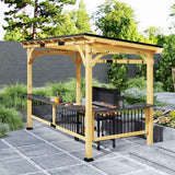 A 13x6 NatureScape Living wooden BBQ grill gazebo with a black metal roof on a paver patio, featuring a grill and food.