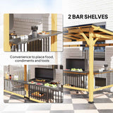 The 13x6 wooden BBQ grill gazebo from NatureScape Living, with its dark metal roof, provides two convenient bar shelves for food and tools on a patio.
