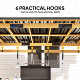 NatureScape Living's 13x6 grill gazebo underside, showing its wooden frame, metal roof, and 6 practical hooks with BBQ tools.