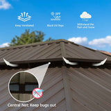 A brown hardtop roof of a NatureScape Living pergola gazebo, showing ventilation, UV protection, weather resistance, and an insect screen.