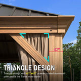 NatureScape Living Hardtop Pergola gazebo corner, showing its 4.7"x4.7" powder-coated aluminum pole and triangle design.