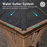 The Hardtop Wood Pergola features a built-in Water Gutter System draining rain from its dark roof and wooden frame.