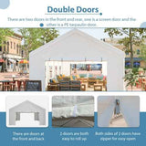 NatureScape Living's 16x32FT Heavy Duty Party Tent features front and rear doors (one screen, one PE tarpaulin), open to an outdoor lounge.