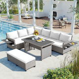 TOMAX 5-piece L-shaped grey PE wicker patio set with white cushions, a bench, and extendable tables by a pool.
