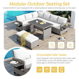 TOMAX L-shaped patio set in grey wicker with white cushions, extendable side tables, and modular comfort by a pool.
