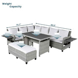TOMAX 5-Piece L Shaped Patio Set, grey wicker with white cushions and extendable tables, detailing its weight capacities.