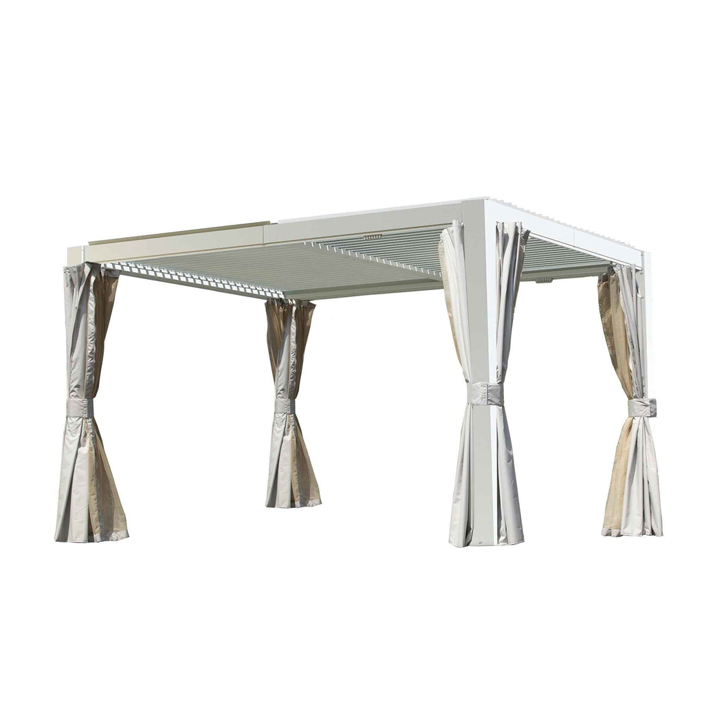 A white NatureScape Living louvered pergola with adjustable roof slats and tied-back beige privacy curtains.