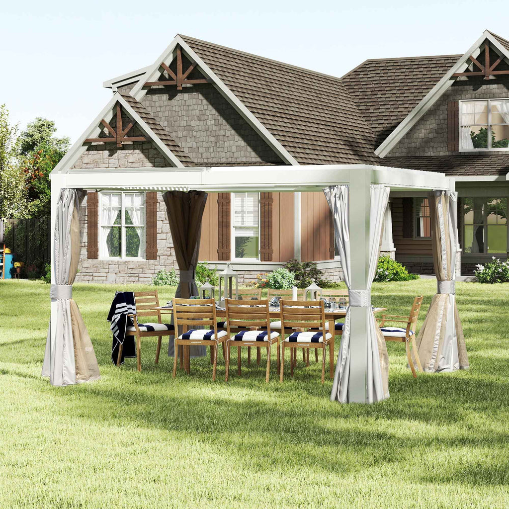 NatureScape Living's 10x12 FT white Louvered Pergola with curtains shades a wooden dining set with striped cushions.