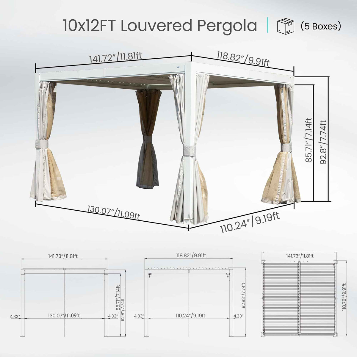 White 10x12 FT Louvered Pergola with adjustable roof louvers and flowing two-tone privacy curtains, plus dimension diagrams.