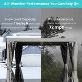 Gray NatureScape Living louvered pergola, shown enduring snow and wind, highlights 7 lbs/sq ft snow load and 72 mph wind resistance.