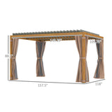NatureScape Living's 10x13 Louvered Top Pergola features a brown frame, tan retractable curtains, and grey mesh screens.