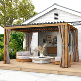 A NatureScape Living Louvered Top Pergola with retractable sun shade and beige curtains over a modern deck lounge.