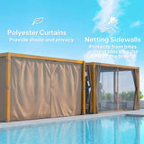NatureScape Living's louvered top pergola with tan polyester curtains for privacy and netting sidewalls for bug protection by a pool.