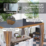 NatureScape Living's Louvered Top Pergola features its aluminum louvered roof, shown half open for sunbathing and half closed to block sun, rain, and UV rays over a patio dining area.
