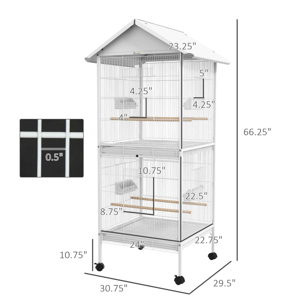 NatureScape Living's 67" high white metal bird cage feeder with a rolling stand, featuring two tiers, perches, and 0.5" bar spacing.