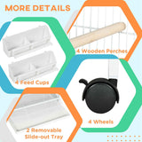 Details of the NatureScape Living Metal Bird Cage, highlighting 4 white feed cups, 4 wooden perches, 2 slide-out trays, and 4 wheels.