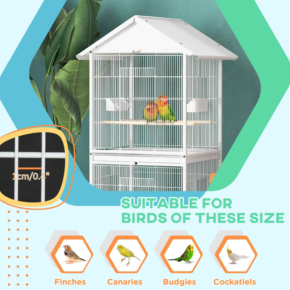 NatureScape Living's white metal bird cage features a 1cm/0.4" bar spacing, shown with lovebirds and suitable bird icons.