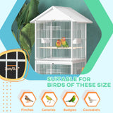 NatureScape Living's white metal bird cage features a 1cm/0.4" bar spacing, shown with lovebirds and suitable bird icons.