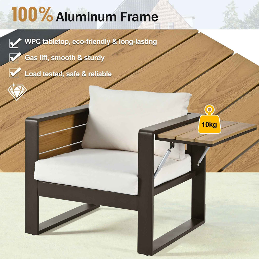 NatureScape Living outdoor armchair with a 100% aluminum frame, beige cushions, and a WPC tabletop side table with a 10kg load limit.
