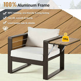 NatureScape Living outdoor armchair with a 100% aluminum frame, beige cushions, and a WPC tabletop side table with a 10kg load limit.