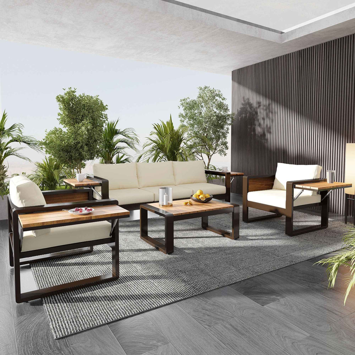 Large 4-piece Outdoor Aluminum Frame Patio Set by NatureScape Living, featuring a beige 3-seater sofa, two armchairs, and wood-top coffee table on a patio.