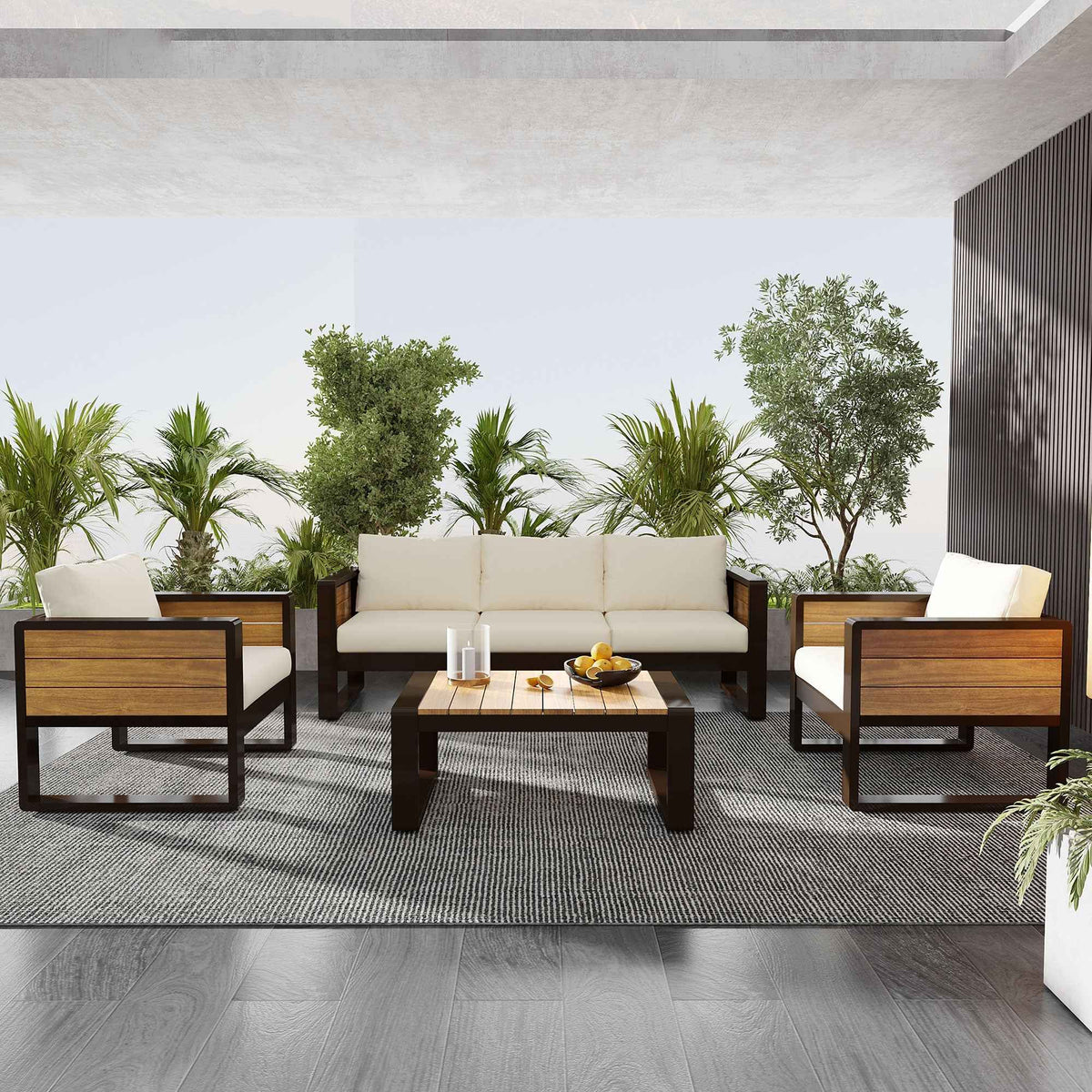 NatureScape Living's beige 4-piece aluminum frame outdoor patio set with a 3-seater sofa, two armchairs, and coffee table.