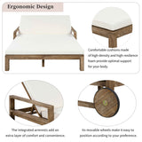 A TREXM Farmhouse Wooden Outdoor Daybed with ergonomic design, beige cushions, integrated armrests, and movable wheels.