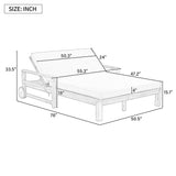 Technical drawing of the TREXM Farmhouse Wooden Outdoor Sunbed with beige cushions, an adjustable backrest, and wheels.