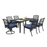 A dark Outdoor Patio Dining Set with a rectangular table, chairs with decorative backs, blue cushions, and a swivel.