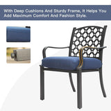 NatureScape Living's black metal outdoor patio dining chair boasts a lattice back, deep blue cushion, and adjustable leg for comfort.