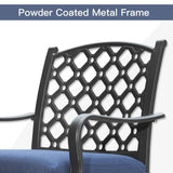 A NatureScape Living outdoor patio dining chair features a black powder-coated metal frame, a patterned backrest, and a blue cushion.