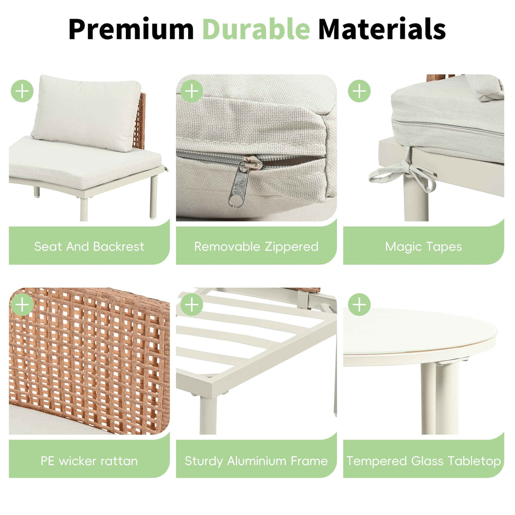 TOPMAX 8-piece Half Moon Sofa Set uses premium durable materials: beige cushions, PE wicker, aluminum, and tempered glass.