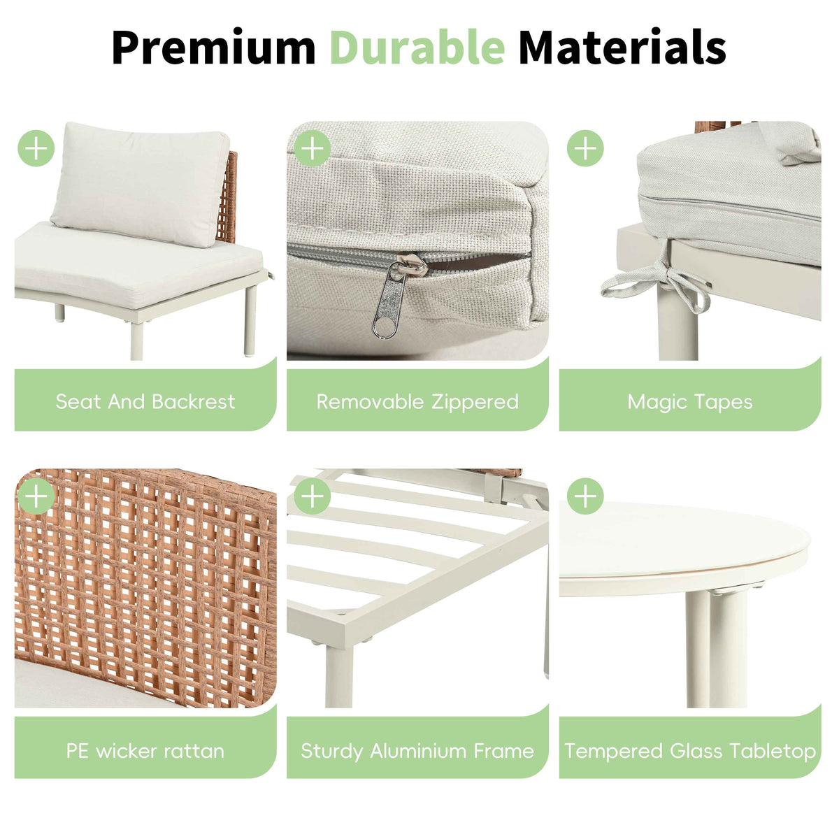 TOPMAX 8-piece Half Moon Sofa Set uses premium durable materials: beige cushions, PE wicker, aluminum, and tempered glass.