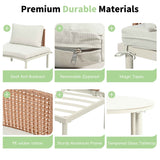TOPMAX 8-piece Half Moon Sofa Set uses premium durable materials: beige cushions, PE wicker, aluminum, and tempered glass.