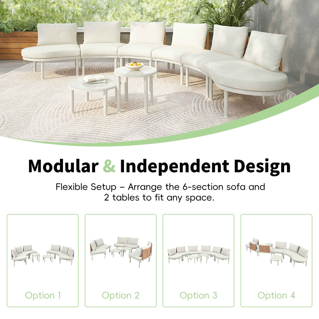 TOPMAX 8-piece beige modular half moon sofa set on a patio, with diagrams showing flexible arrangements.