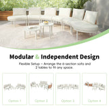 TOPMAX 8-piece beige modular half moon sofa set on a patio, with diagrams showing flexible arrangements.