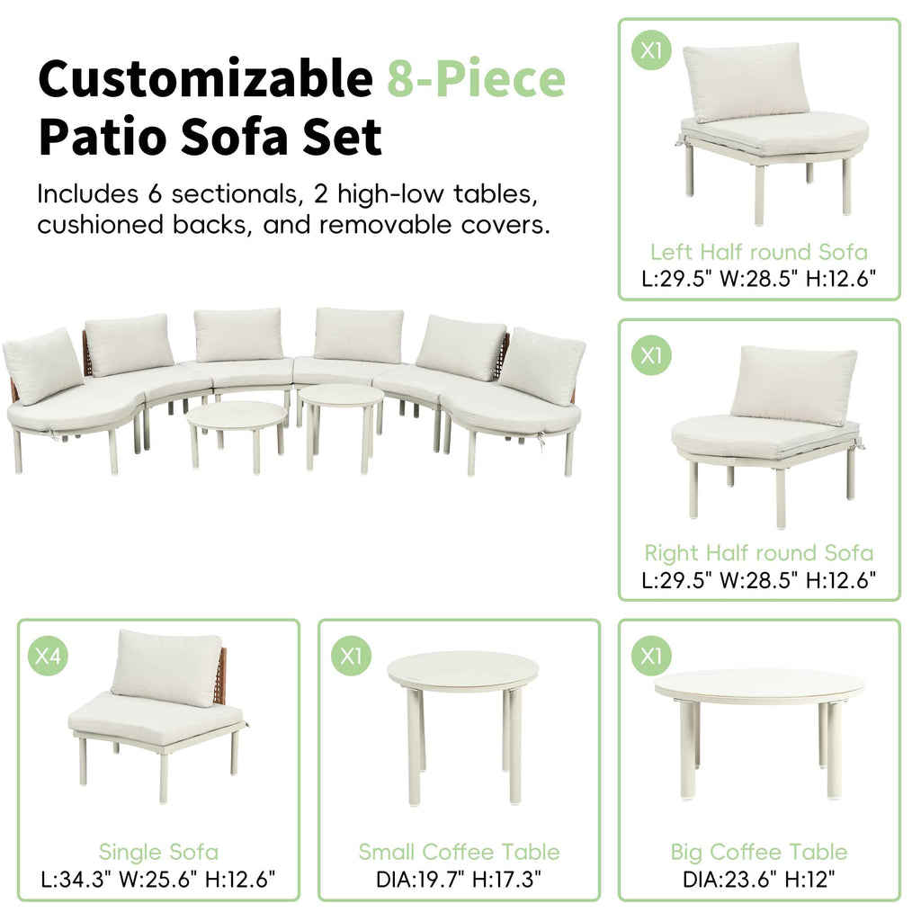 Customizable TOPMAX 8-piece half-moon patio sofa set featuring beige cushioned sectionals and two high-low coffee tables.