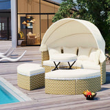 TOPMAX Round Patio Furniture Daybed with Canopy, a beige outdoor sofa with white cushions on a wooden deck by a pool.