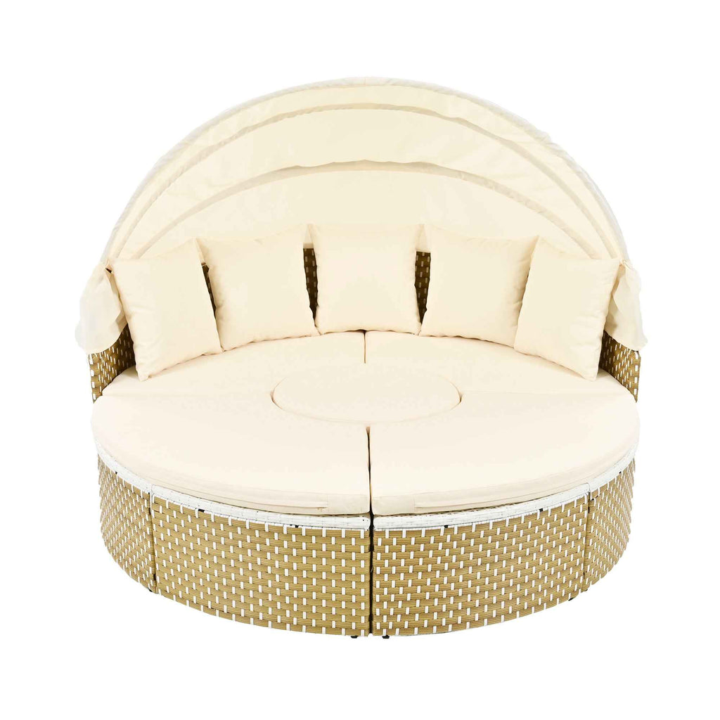 A TOPMAX beige round patio furniture daybed features a retractable canopy and a woven rattan base.