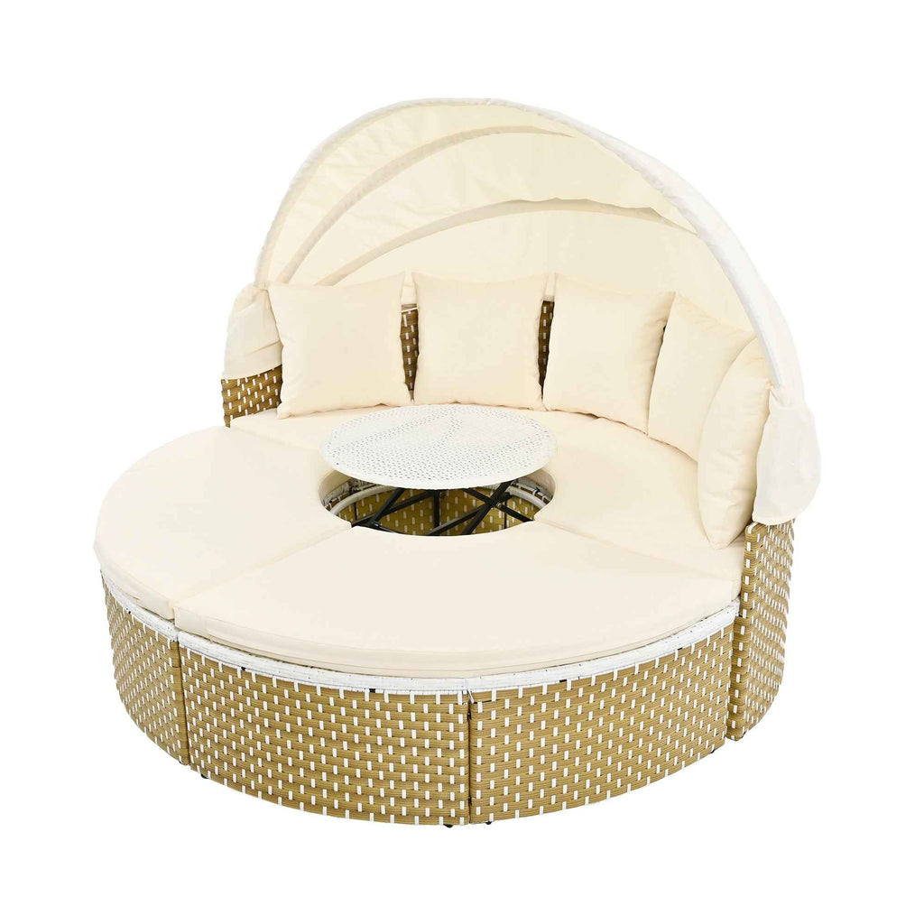 TOPMAX round patio daybed with beige cushions, retractable canopy, and a light brown rattan base, perfect for outdoor relaxation.