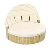 A beige TOPMAX round outdoor sectional sofa daybed with a canopy and tan wicker base.