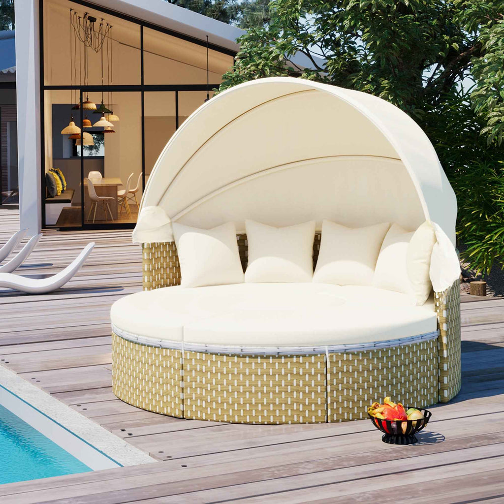 TOPMAX Round Patio Furniture Daybed with Canopy in beige, woven and cushioned, on a wooden deck by a pool.